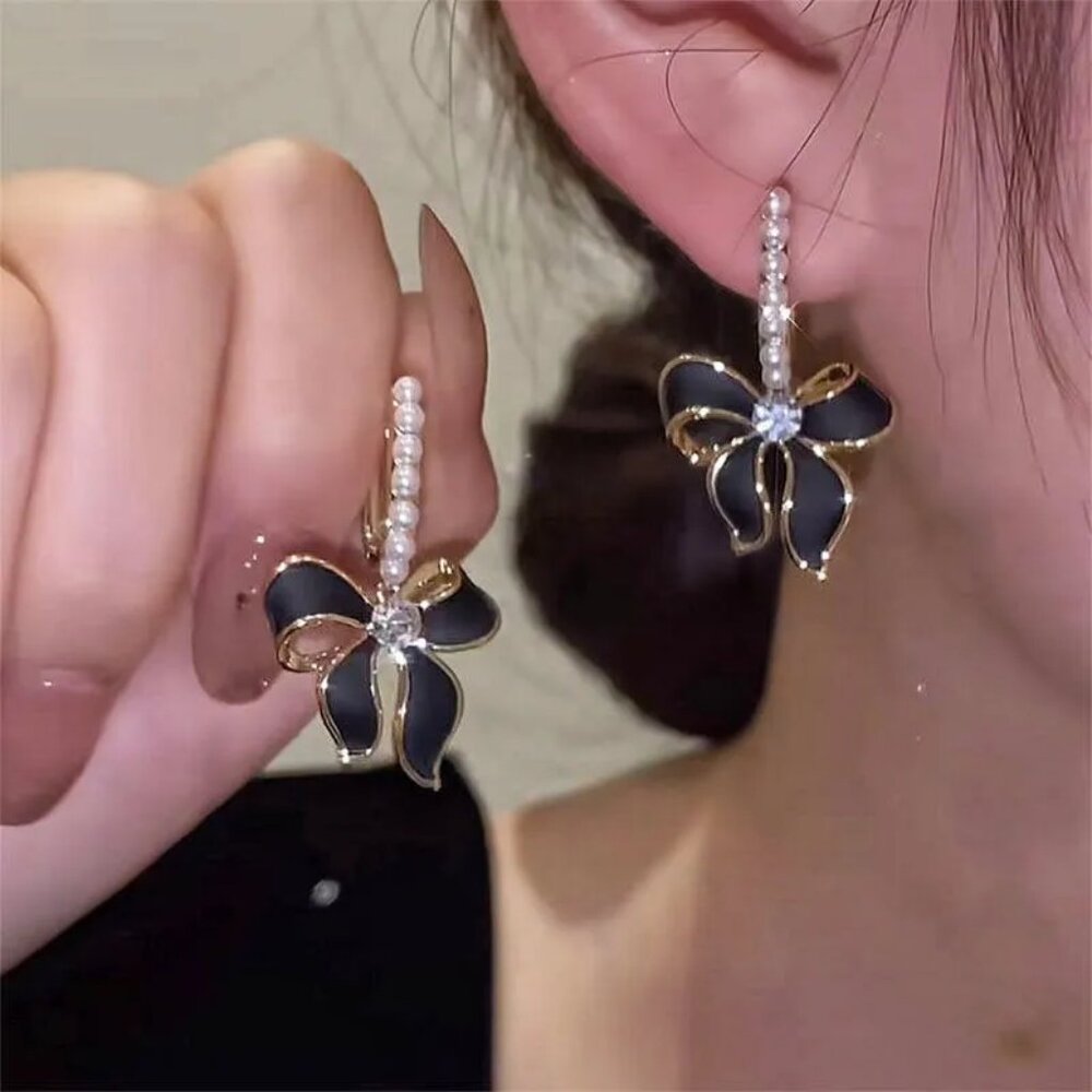 3/$35 Black Enamel & Gold Bow Dangle Earrings with Faux Pearl Fashion Jewelry